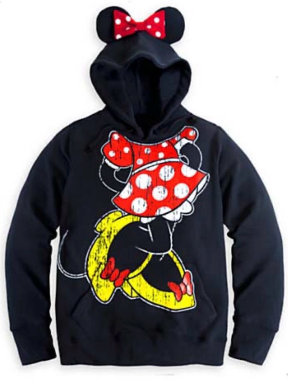 Disney Parks Minnie Mouse Graphic Hoodie Youth L Black 3D Ears Red Bow Pullover